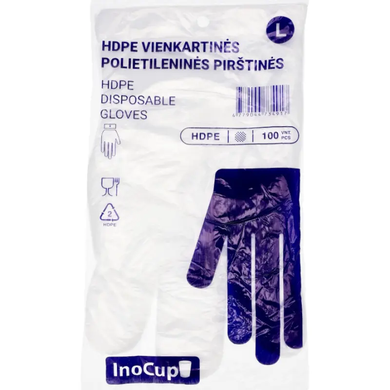 Vienkartinės HDPE pirštinės, L dydžio, 100 vnt/pak